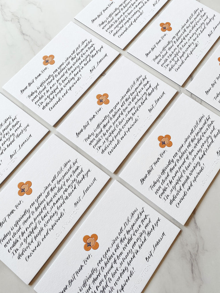 Corporate calligraphy for Louis Vuitton by Toronto calligrapher engraver, Jessie Wang
