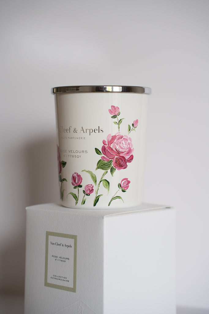 Toronto candle painting, floral painting and calligraphy by Jessie Wang, calligraphy artist. Van Cleef & Arpels Candle Painting