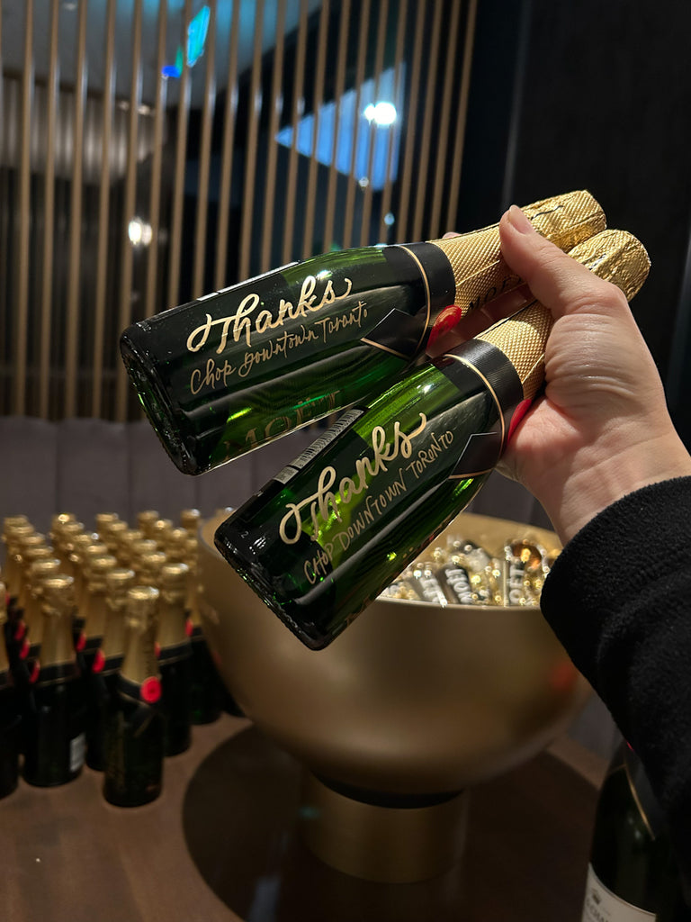 Toronto Event Calligrapher Engraving Champagne Personalization for Restaurant Opening