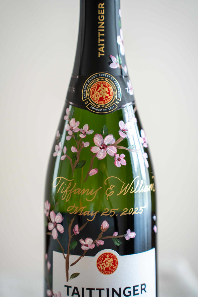 Toronto champagne bottle painting, floral painting and calligraphy by Jessie Wang, calligraphy artist