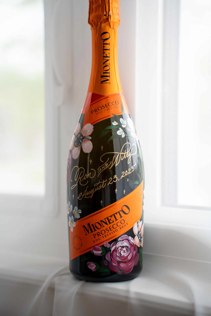 Toronto champagne bottle painting, floral painting and calligraphy by Jessie Wang, calligraphy artist