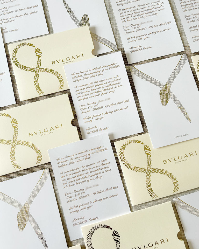 Luxury Bulgari cards with hand-lettered messages for an exclusive Toronto dinner event for VIP clients, created by JW Lettering.