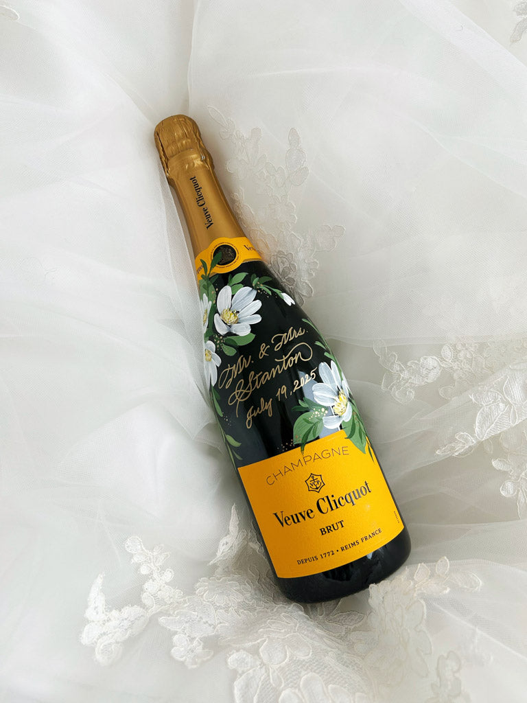 Custom-painted Veuve Clicquot bottle for Toronto wedding gift.
